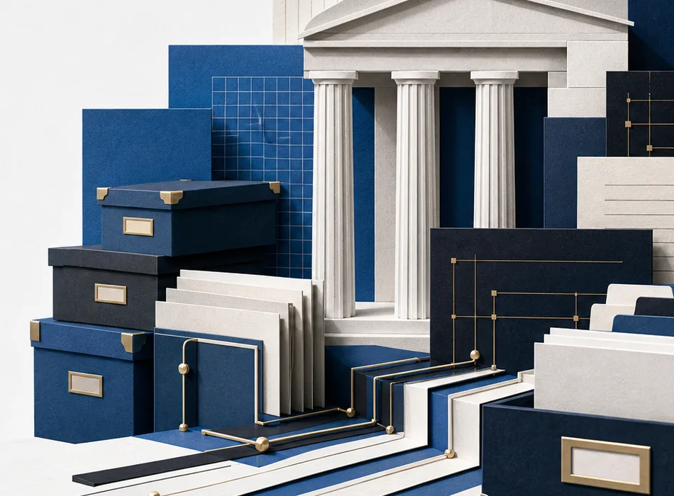 Abstract archival boxes, folders, and an institutional facade