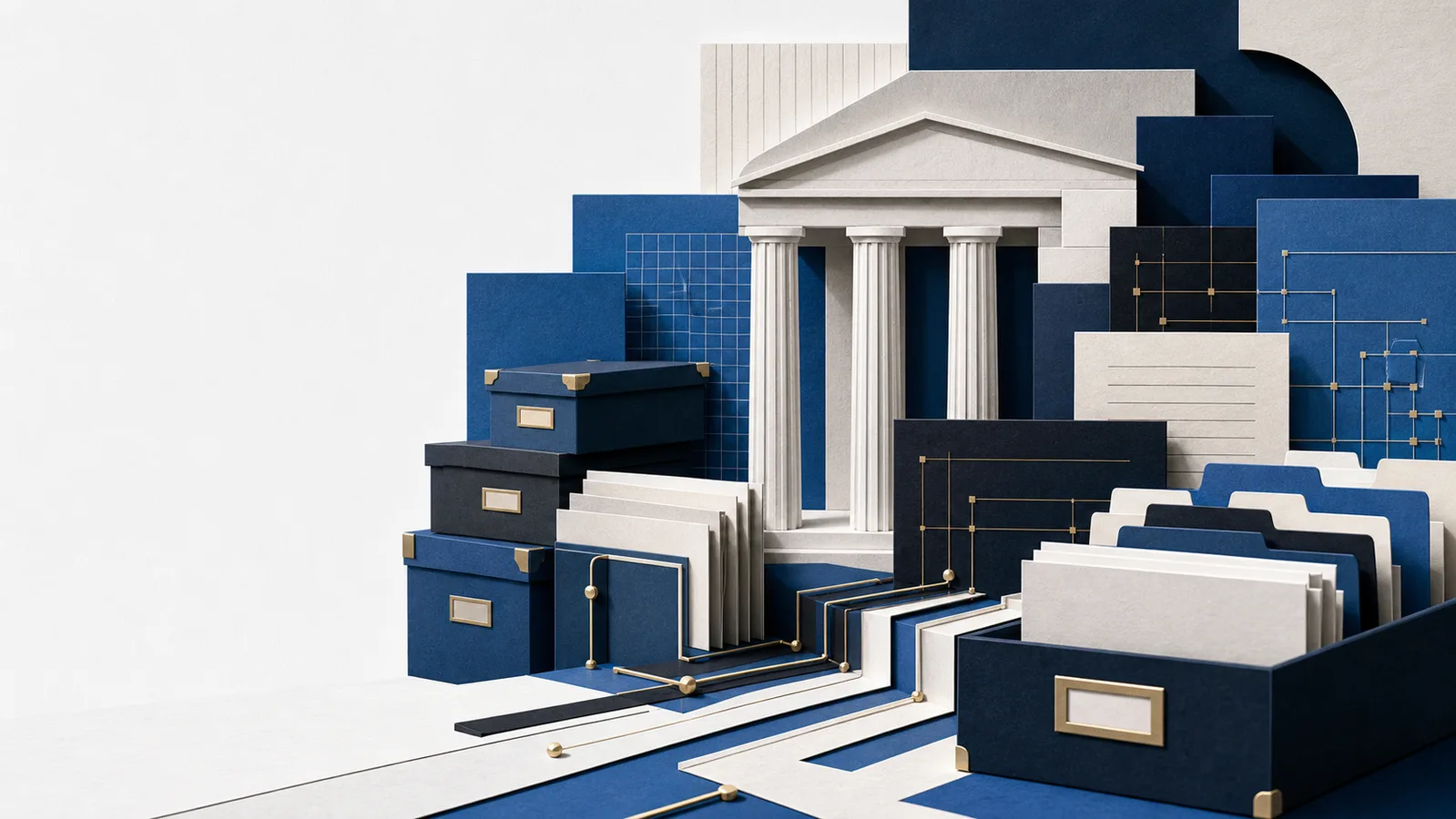 Abstract archives, documents, data grids, and an institutional facade connected by structured pathways