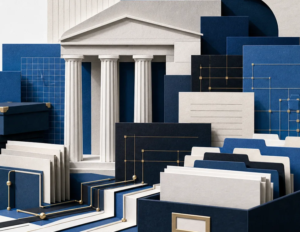 Abstract filing folders, structured data grids, and record pathways